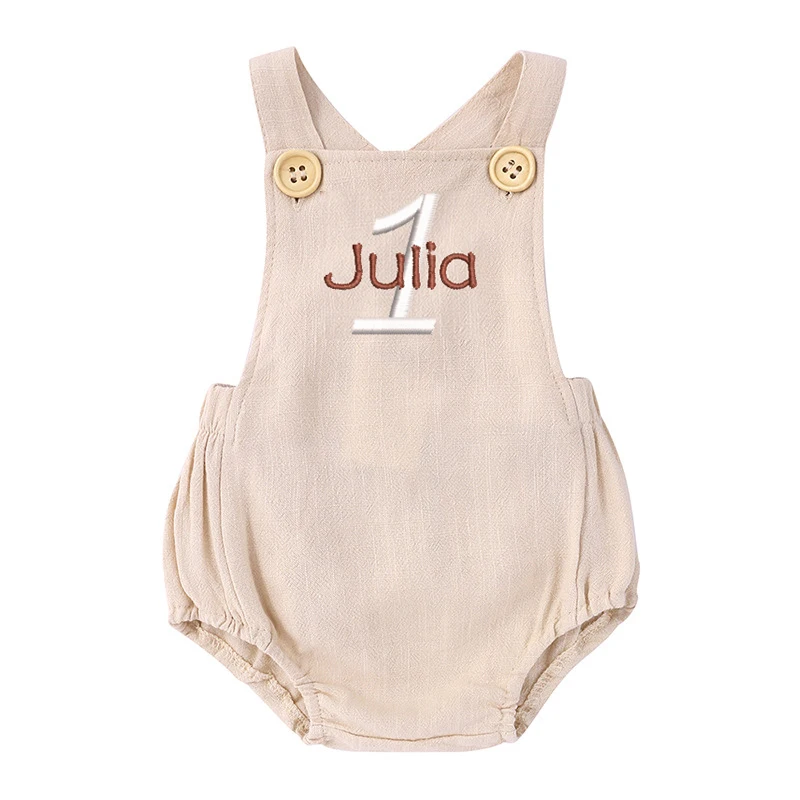 Baby Summer Linen Sleeveless Jumpsuit - Mameluco bordado de 1er cumpleaños con